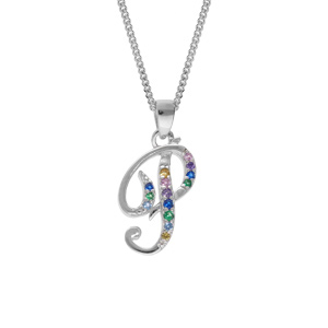 Collier en argent rhodié chaîne avec pendentif initiale P et oxydes multi couleurs sertis 42+3cm