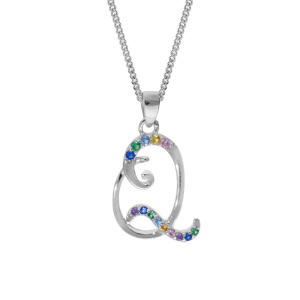Collier en argent rhodié chaîne avec pendentif initiale Q et oxydes multi couleurs sertis 42+3cm