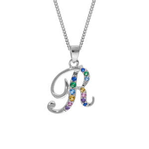 Collier en argent rhodié chaîne avec pendentif initiale R et oxydes multi couleurs sertis 42+3cm