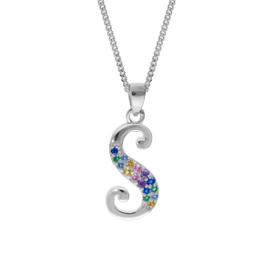Collier en argent rhodié chaîne avec pendentif initiale S et oxydes multi couleurs sertis 42+3cm