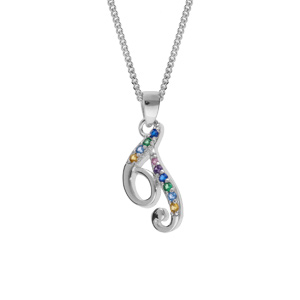 Collier en argent rhodié chaîne avec pendentif initiale T et oxydes multi couleurs sertis 42+3cm