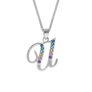 Collier en argent rhodié chaîne avec pendentif initiale U et oxydes multi couleurs sertis 42+3cm