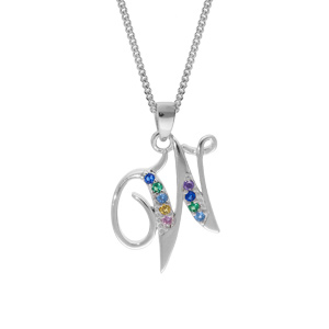 Collier en argent rhodié chaîne avec pendentif initiale W et oxydes multi couleurs sertis 42+3cm
