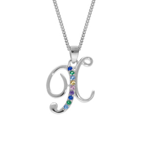 Collier en argent rhodié chaîne avec pendentif initiale X et oxydes multi couleurs sertis 42+3cm
