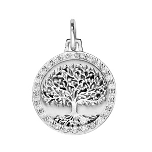Pendentif en argent rhodié médaille de 16mm avec arbre de vie et oxydes blancs
