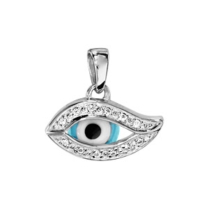 Pendentif en argent rhodié oeil de la chance bleu avec tour orné d’oxydes blancs