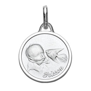 Pendentif médaille pour bébé en argent rhodié zodiaque Poissons