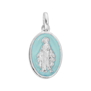 Pendentif en argent rhodié médaille ovale miraculeuse sur fond bleu ciel