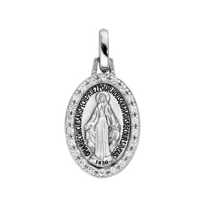 Pendentif en argent rhodié Médaille ovale miraculeuse avec Vierge Marie et contour oxydes blancs ser