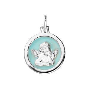 Pendentif en argent rhodié ovale Ange sur fond bleu ciel