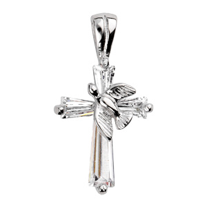 Pendentif en argent rhodié Croix avec colombe et oxydes blancs sertis
