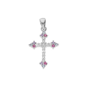 Pendentif en argent rhodié Croix avec oxydes blancs et multi-couleur