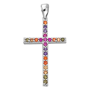 Pendentif en argent rhodié Croix empierree multi-couleur