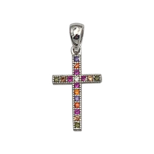 Pendentif en argent rhodié Croix empierrée large multi-couleur
