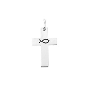 Pendentif en argent rhodié croix avec gravure Ichthus symbole du poisson