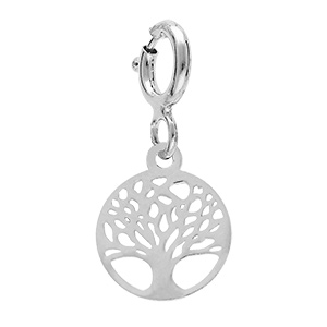 Pendentif Charms en argent rhodié pastille arbre de vie suspendue sur fermoir anneau ressort