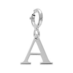 Pendentif Charms en argent rhodié initiale lettre A sur fermoir anneau ressort