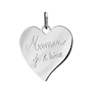 Pendentif en argent rhodié coeur gravé « Maman je t’aime »