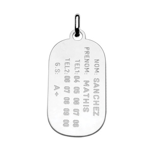Pendentif pour enfant en argent plaque G.I. arrondie gravée « nom », « prénom », « tel 1 », « tel 2 » et « G.S. » (groupe sanguin)