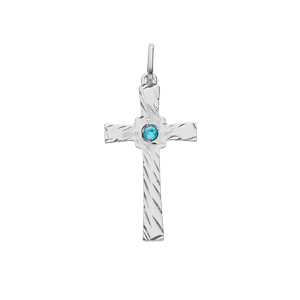 Pendentif en argent rhodié petite croix motifs rainurés et oxyde bleu ciel au centre