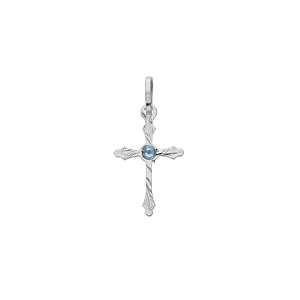 Pendentif en argent rhodié croix fine diamanté avec oxyde bleu ciel