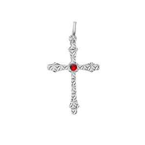 Pendentif en argent rhodié croix avec motifs diamantés en étoile et oxyde rouge au centre