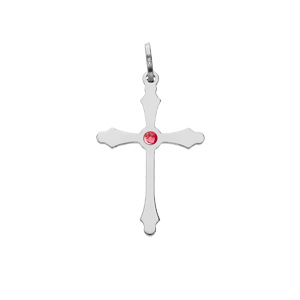 Pendentif en argent rhodié croix lisse avec oxyde rouge au centre