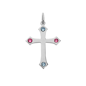 Pendentif en argent rhodié croix 4 oxydes rose et bleu ciel