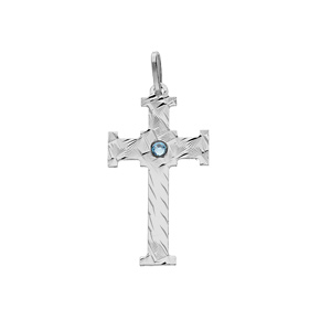 Pendentif en argent rhodié croix avec diamantage en croisillons et oxyde bleu ciel
