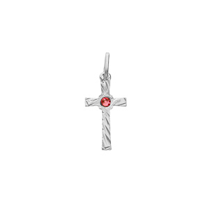 Pendentif en argent rhodié petite croix motifs striés avec oxyde rouge au centre
