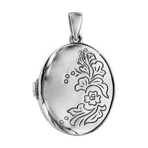 Pendentif en argent rhodié cassolette ovale avec fleurs gravées – dimension 20mm – possibilité d’insérer 1 ou 2 photos droite et gauche