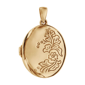 Pendentif en argent et dorure jaune cassolette ovale avec fleurs gravées – dimension 20mm – possibilité d’insérer 1 ou 2 photos droite et gauche