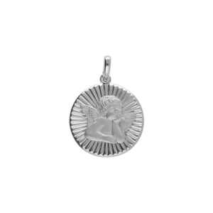Pendentif en argent platiné médaille 15mm diamanté et strillé avec Ange