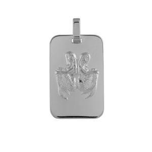 Pendentif en argent rhodié plaque G.I. rectangulaire arrondie zodiaque Gémeaux
