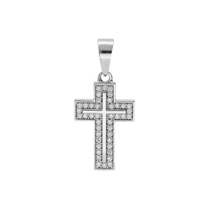 Pendentif en argent rhodié croix avec oxydes blancs et croix lisse relief 17 x 16mm