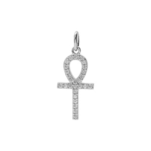 Pendentif en argent rhodié croix arrondi pavée d’oxydes blancs 18 x 15mm