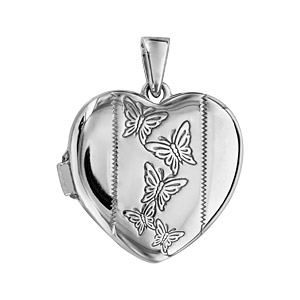 Pendentif en argent rhodié cassolette coeur avec gravure papillons sur 1 bande au milieu – possibilité d’insérer 1 ou 2 photos droite et gauche
