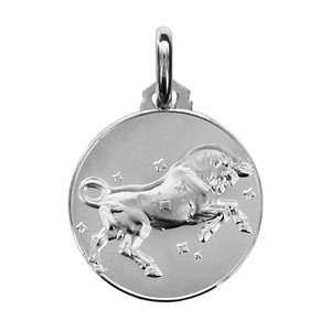 Pendentif médaille en argent rhodié zodiaque Taureau