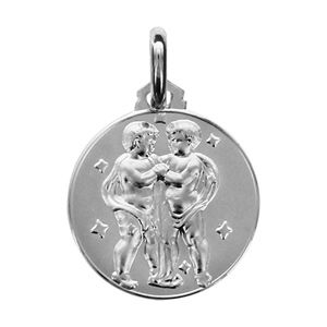 Pendentif médaille en argent rhodié zodiaque Gémeaux