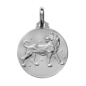 Pendentif médaille en argent rhodié zodiaque Lion
