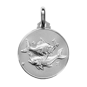 Pendentif médaille en argent rhodié zodiaque Poissons