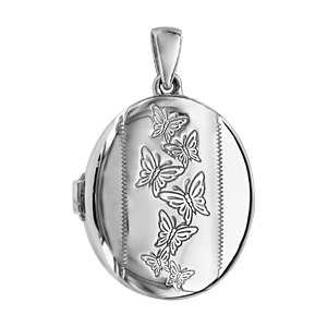 Pendentif en argent rhodié cassolette ovale avec gravure papillons sur 1 bande au milieu – possibilité d’insérer 1 ou 2 photos droite et gauche