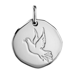 Pendentif en argent rhodié galet avec colombe gravée – diamètre 18mm