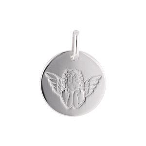 Pendentif en argent rhodié médaille ronde 15mm motif Ange