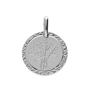 Pendentif en argent rhodié médaille 16mm avec arbre de vie contour diamanté