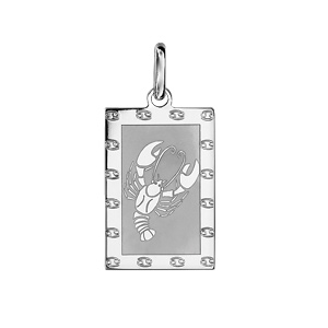 Pendentif en argent rhodié plaque G.I. rectangulaire zodiaque Cancer mat et brillant