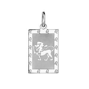 Pendentif en argent rhodié plaque G.I. rectangulaire zodiaque Lion mat et brillant