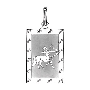 Pendentif en argent rhodié plaque G.I. rectangulaire zodiaque Sagittaire mat et brillant