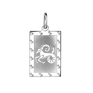 Pendentif en argent rhodié plaque G.I. rectangulaire zodiaque Capricorne mat et brillant