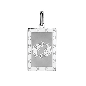 Pendentif en argent rhodié plaque G.I. rectangulaire zodiaque Poissons mat et brillant